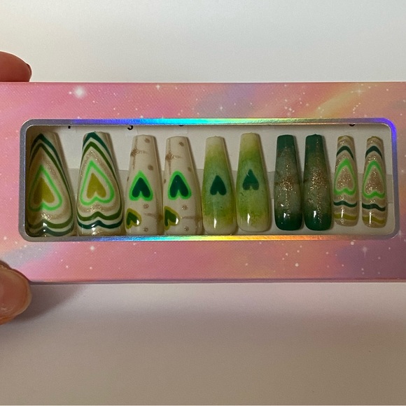 Handmade press on nails. Long coffin shape. StPatrick’s day. 20 nails. 10 sizes - Picture 1 of 16